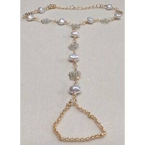 New Hand Slave Bracelet Ring 14K GP Gold PLated Faux Pearl Rose Filigree Boho